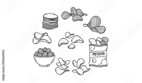 Hand drawn potato chips doodle outline snack icons crispy chips line clipart vector illustration set