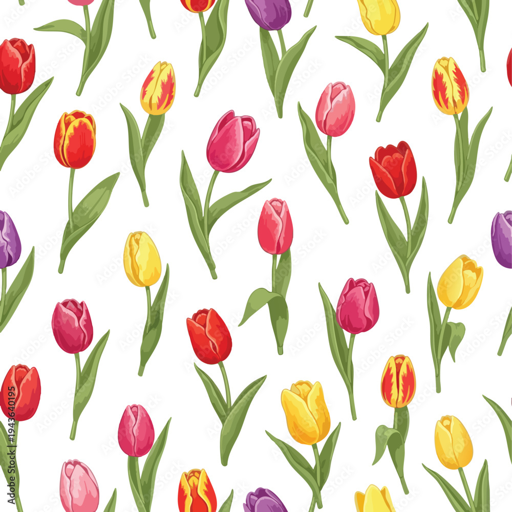 Obraz premium A seamless pattern of various colorful tulips on a white background