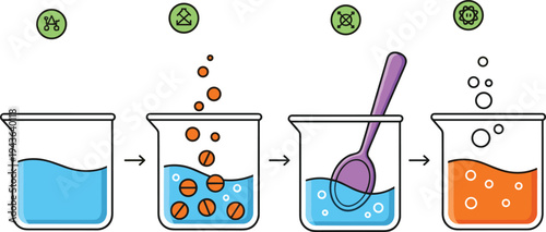 Chemical experiment process illustration with laboratory beakers, reaction steps, mixing solution and bubbling result science lab education vector concept