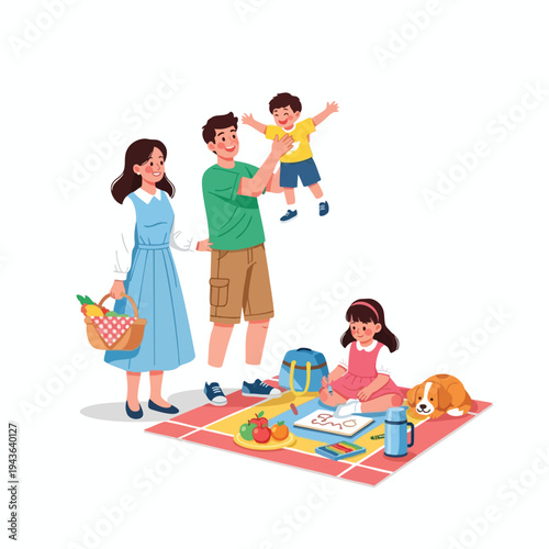 Cheerful family enjoys a picnic with a dog, drawing and fruit