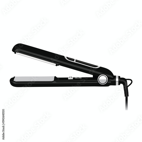 Sleek black hair straightener with open ceramic plates and cord