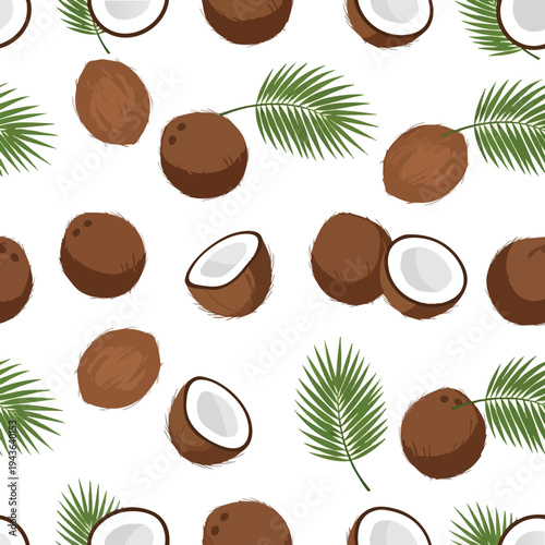 Pattern of whole and halved coconuts with green palm leaves on white