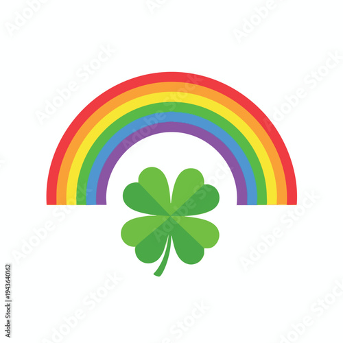 A stylized rainbow arcs over a green four-leaf clover, isolated on white