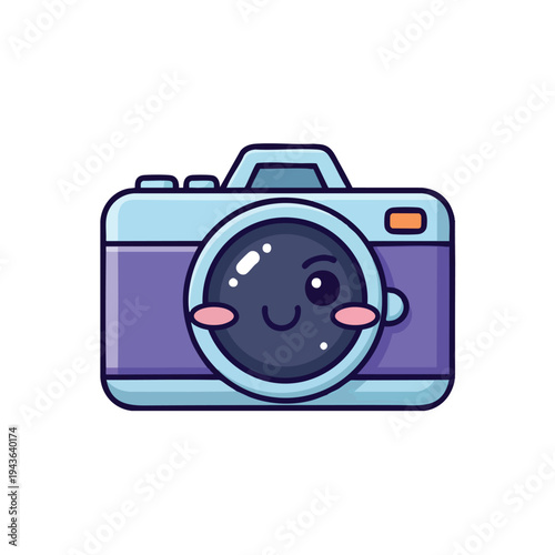 Cute cartoon camera with a happy face and big eyes.