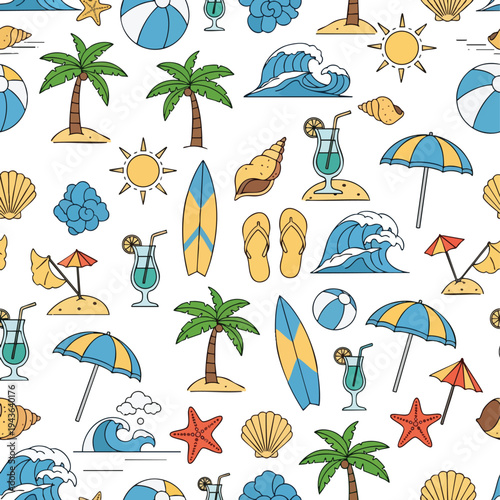 Seamless pattern with cartoon beach elements sun, waves, palm trees, and drinks