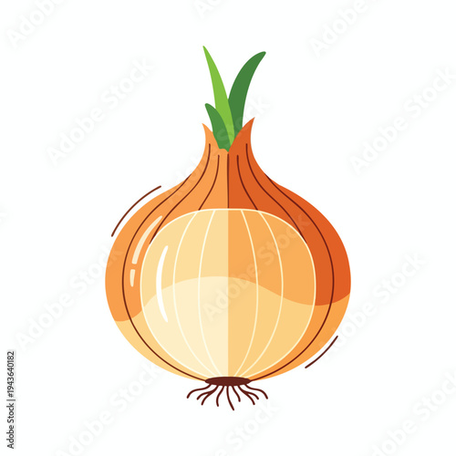 Flat illustration of a halved onion with green sprouts and roots