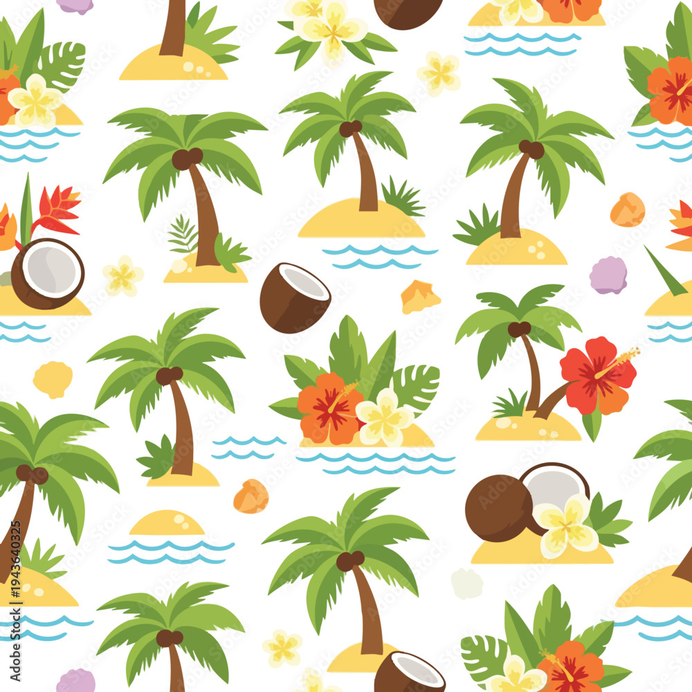 Obraz premium Tropical islands with palm trees, coconuts, flowers, and waves repeat