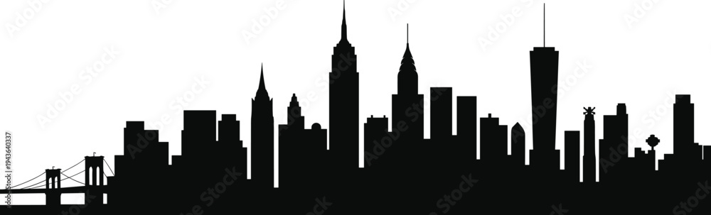 Naklejka premium New York City skyline silhouette with Brooklyn Bridge and iconic skyscrapers isolated on white background, urban cityscape panorama vector illustration for architecture design
