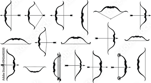 Collection of Archery Bow and Arrow Silhouettes Set, Traditional Hunting and Sport Archery Equipment Icons Isolated on White Background Vector Style