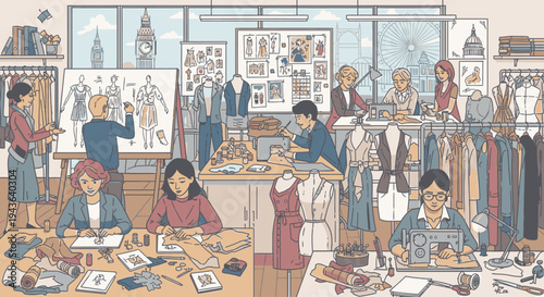 Illustration of people working on fashion designs at tables with various materials and garments in the background of a busy studio.