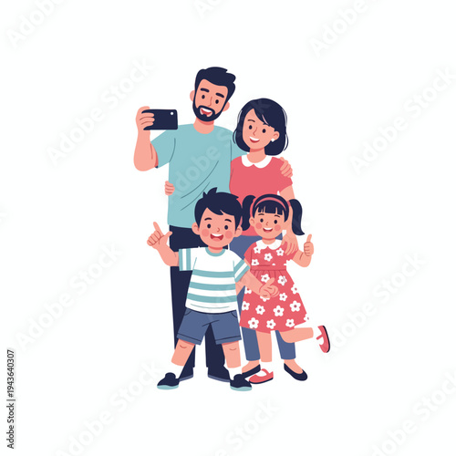 Happy family of four posing for a selfie with a phone, smiling