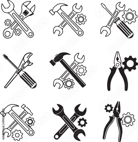 Black and white icons of various hand tools crossed over gears
