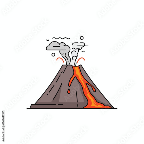 Stylized illustration of an erupting volcano with lava flow and smoke