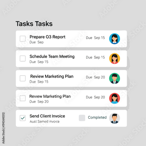 Task list showing task s, due dates, avatars, and completion status