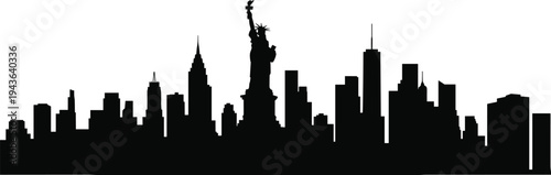 New York City skyline silhouette featuring Statue of Liberty and modern skyscrapers isolated on white background, iconic NYC cityscape vector illustration for travel and architecture design