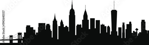 New York City skyline silhouette with Brooklyn Bridge and iconic skyscrapers isolated on white background, urban cityscape panorama vector illustration for architecture design