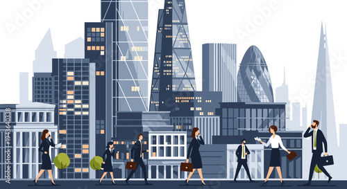 Illustration of business professionals walking in a cityscape with modern skyscrapers and a minimalist style.