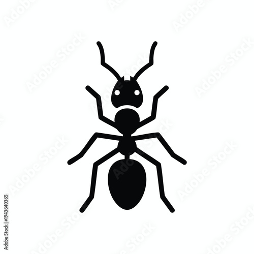 A black silhouette of an ant on a white background, with distinct body segments and antennae