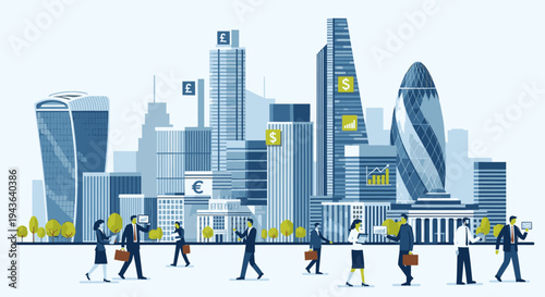 Illustration of a bustling cityscape with people walking in front of a modern skyline featuring various office buildings and skyscrapers in shades of blue and gray.