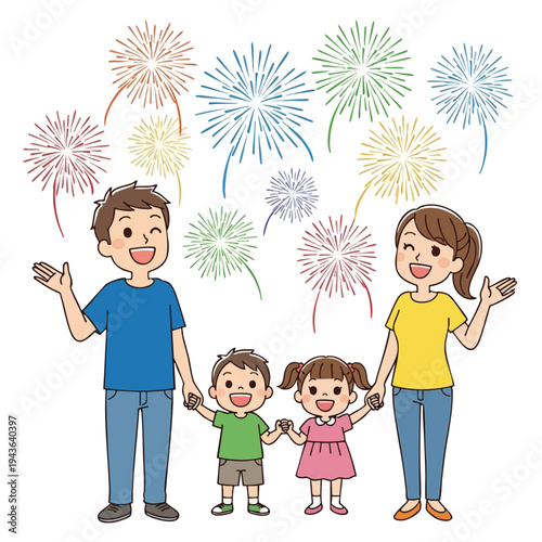 A joyous family of four stands hand-in-hand beneath a colorful explosion of fireworks