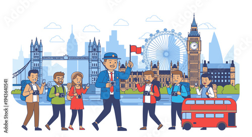 Illustration of tourists walking in front of London cityscape with iconic landmarks and a red double-decker bus in a colorful, cartoon style with a lively and travel-inspired mood.
