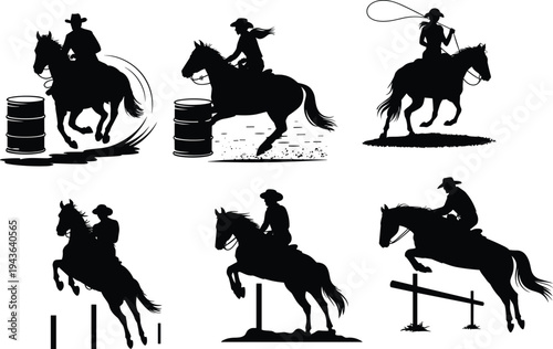 Cowboy horse riding and rodeo action silhouette set with barrel racing, jumping and lasso scenes, western equestrian sport vector illustration