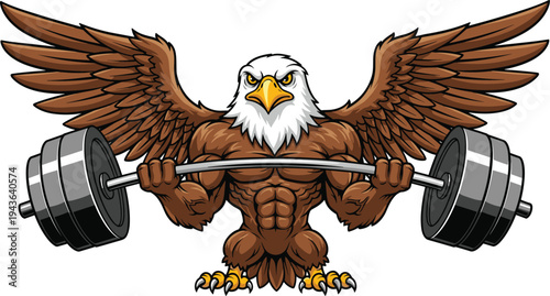 Powerful muscular eagle bodybuilder mascot lifting a heavy barbell with wings spread wide isolated on white background for gym fitness and strength training logo design