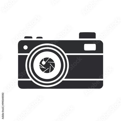 Stylized black and white graphic of a compact camera with visible lens aperture