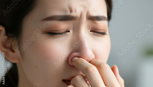 The Smell of Disgust: A woman wrinkles her nose and pinches it shut, conveying a visceral reaction to an unpleasant aroma, her expression a mix of distaste and aversion.