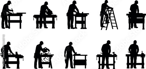 Carpenter and construction worker silhouette set using woodworking tools, sawing, cutting, measuring and working on workbench in workshop activities isolated on white background