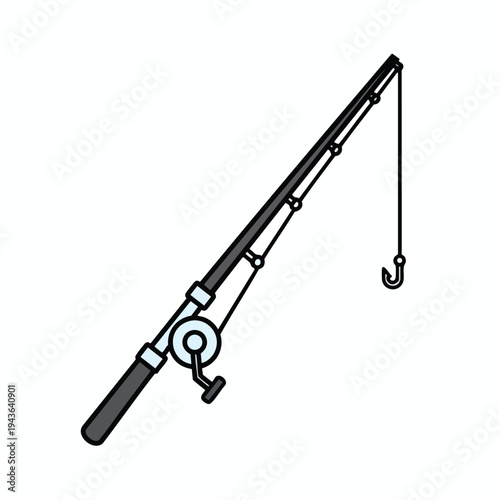 Fishing rod with reel and hook, angled on white