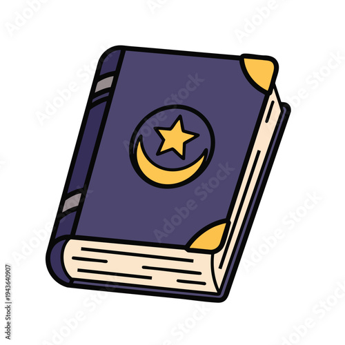 Closed purple book with yellow crescent moon and star emblem, on white background