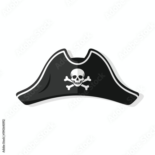 A black pirate hat with a white skull and crossbones emblem is displayed