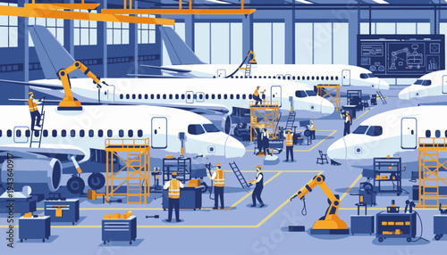 Illustration of a busy airplane hangar with workers and maintenance equipment around multiple white aircraft with a predominantly blue and yellow color scheme.