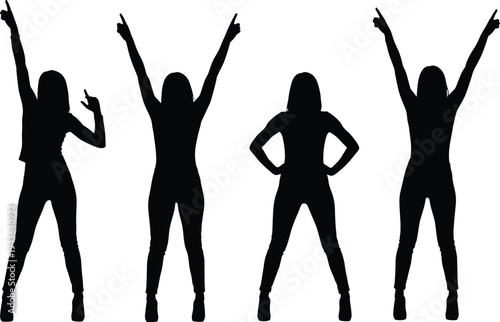 Set of woman silhouettes in various energetic poses with raised hands celebrating success and urban fashion footwear collection featuring sneakers and boots vector illustrations