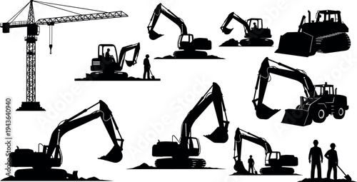 Construction machinery silhouettes collection with excavators, bulldozer, tower crane and workers operating heavy equipment at building site isolated on white background for engineering design