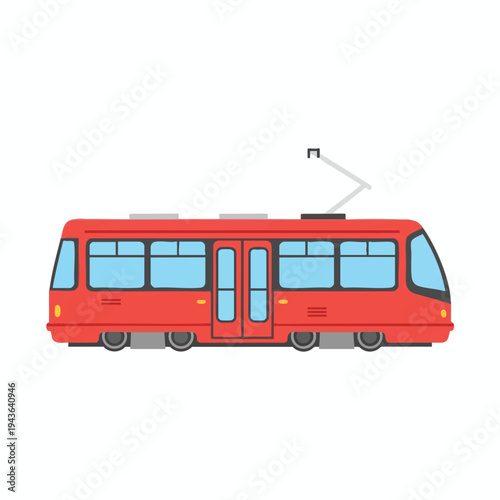 A stylized red trolley car with light blue windows, a pantograph, and wheels