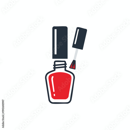 Open bottle of red nail polish with applicator brush removed and cap aside