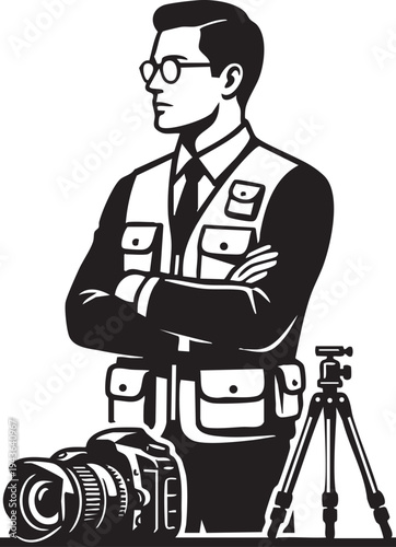 A vintage illustration captures a photographer, standing tall with arms crossed and equipment in view.