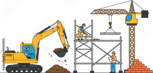 Construction site workers with excavator, tower crane and scaffolding vector illustration, engineers and builders working on building project isolated on white background