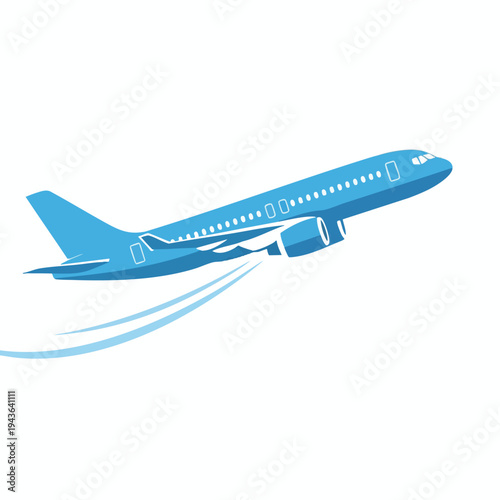 Blue airplane ascending with white contrails against a white background