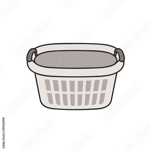 A simple, stylized illustration of a light grey plastic laundry basket with dark grey handles on a white background