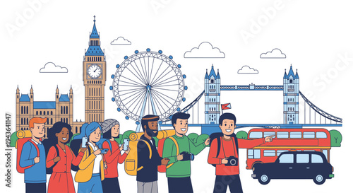 Illustration of tourists with backpacks standing in front of London cityscape with Big Ben, London Eye, and red bus, against a white background with a travel and transportation theme.