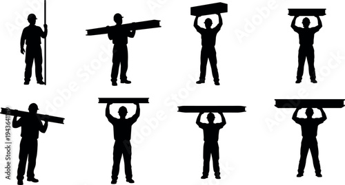 Construction worker silhouette set carrying wooden plank and beam in different poses, builder laborer lifting materials overhead and shoulder isolated on white background