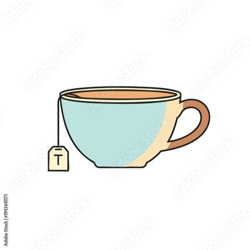 A light blue cup with a brown handle and a tea bag is shown