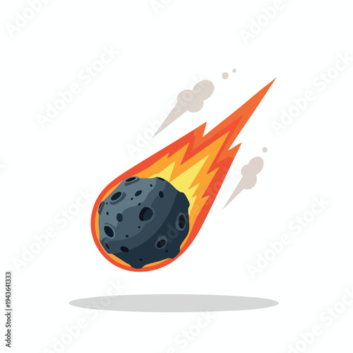 Cartoon asteroid with fiery trail and smoky clouds hurtling through space