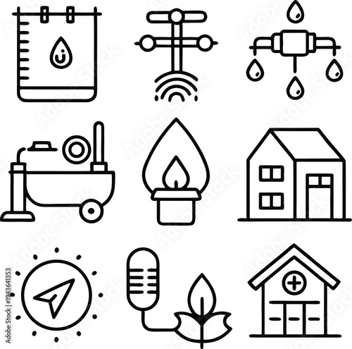 A collection of clean, modern line icons represents essential elements of modern life.