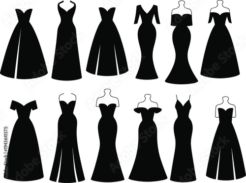 Elegant evening dress silhouette collection with various fashion gown styles, women formal wear set, luxury clothing design vector illustration isolated