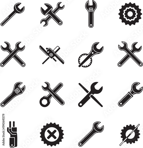 Black and white set of various tools and equipment icons