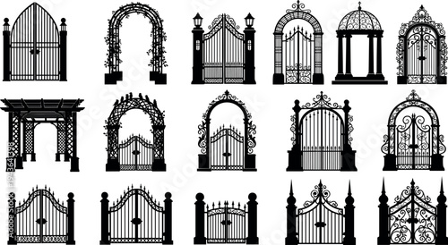 Decorative wrought iron gates and garden arch silhouettes collection, vintage ornamental entrance gate designs isolated on white background for fence, garden and architecture design